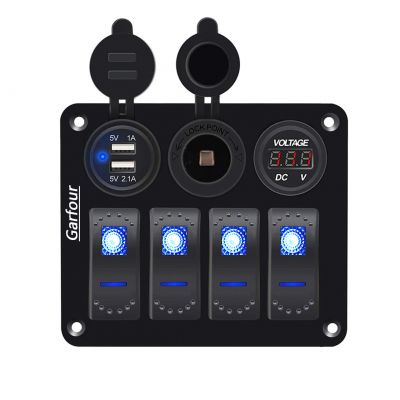 Garfour Waterproof Boat Rocker Switch Panel Aluminium Panel with 12V Voltmeter 3.1A Dual USB Cigarette Lighter Socket 4 Bang Boat Switch Panel for Car Boat