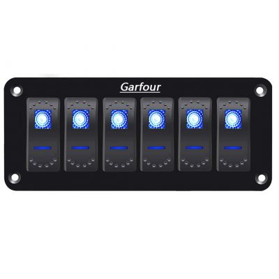 Garfour 6 Rocker Switch Panel 5 Pin On/Off 2 LED Blue Light Aluminum Rocker Switch Panel for RV SUV Boat 